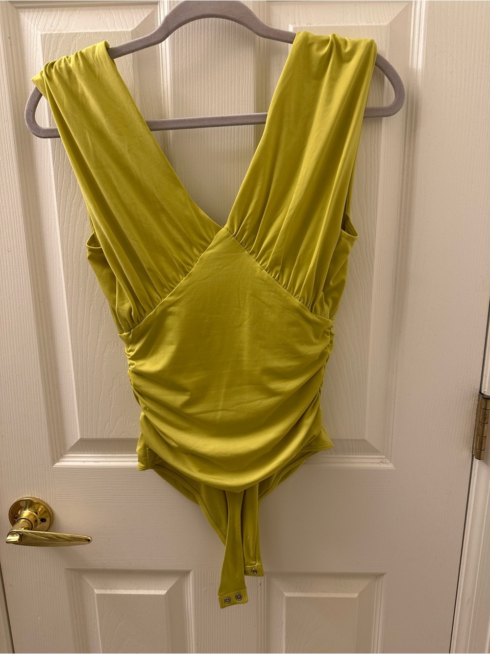 Express Olive Green V-Neck Ruched Wrap Bodysuit